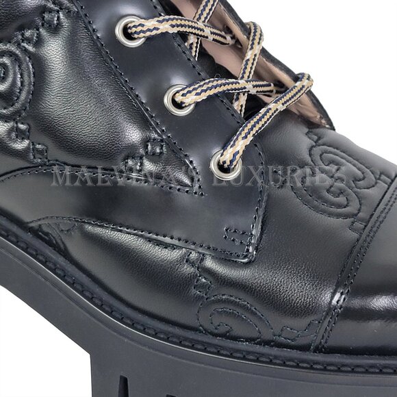 GUCCI BOOTS ANKLE BLACK GG LOGO LEATHER QUILTED LACE-UP sz 39.5 9.5 US - Picture 12 of 16